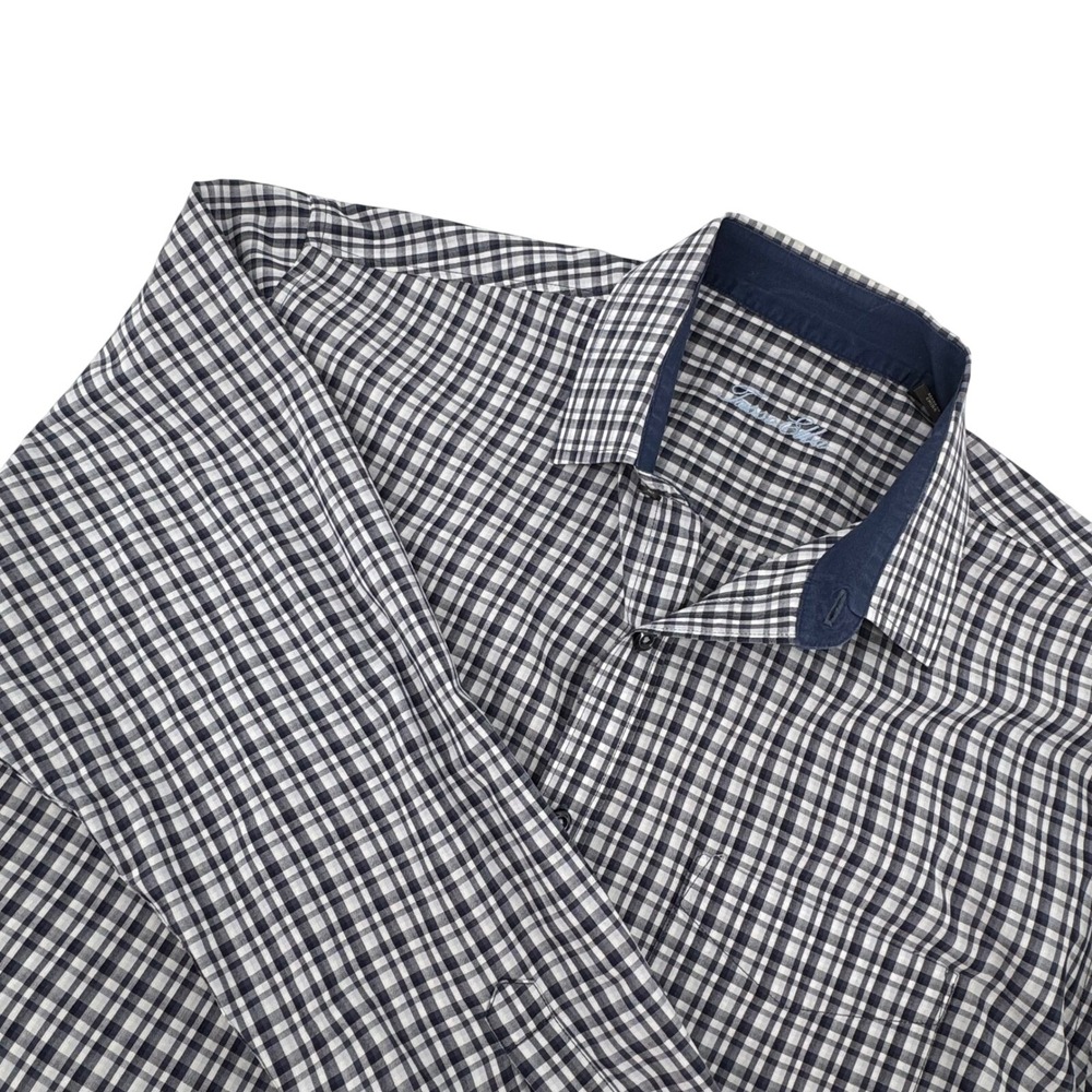 Tasso Elba Button Down Shirt Mens XL Navy Blue‎ Gingham Check Long Sleeve Cotton